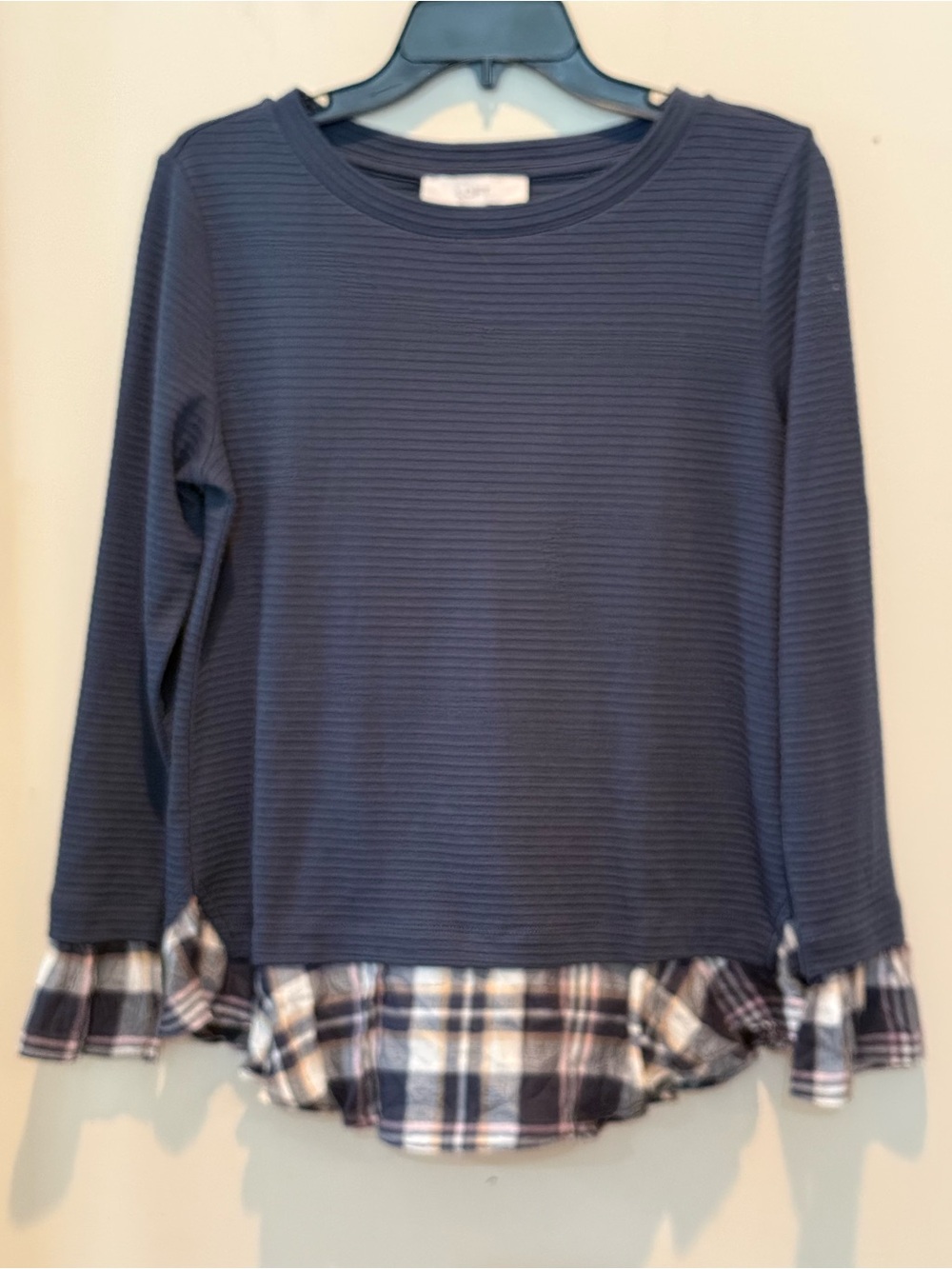 LOFT Navy Long Sleeve Top with Plaid Hem and Cuffs